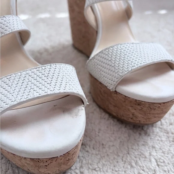 Jimmy Choo White Woven Leather Portia Cork Wedge Platform Sandals Sz 38.5 US 8.5 - Picture 4 of 11